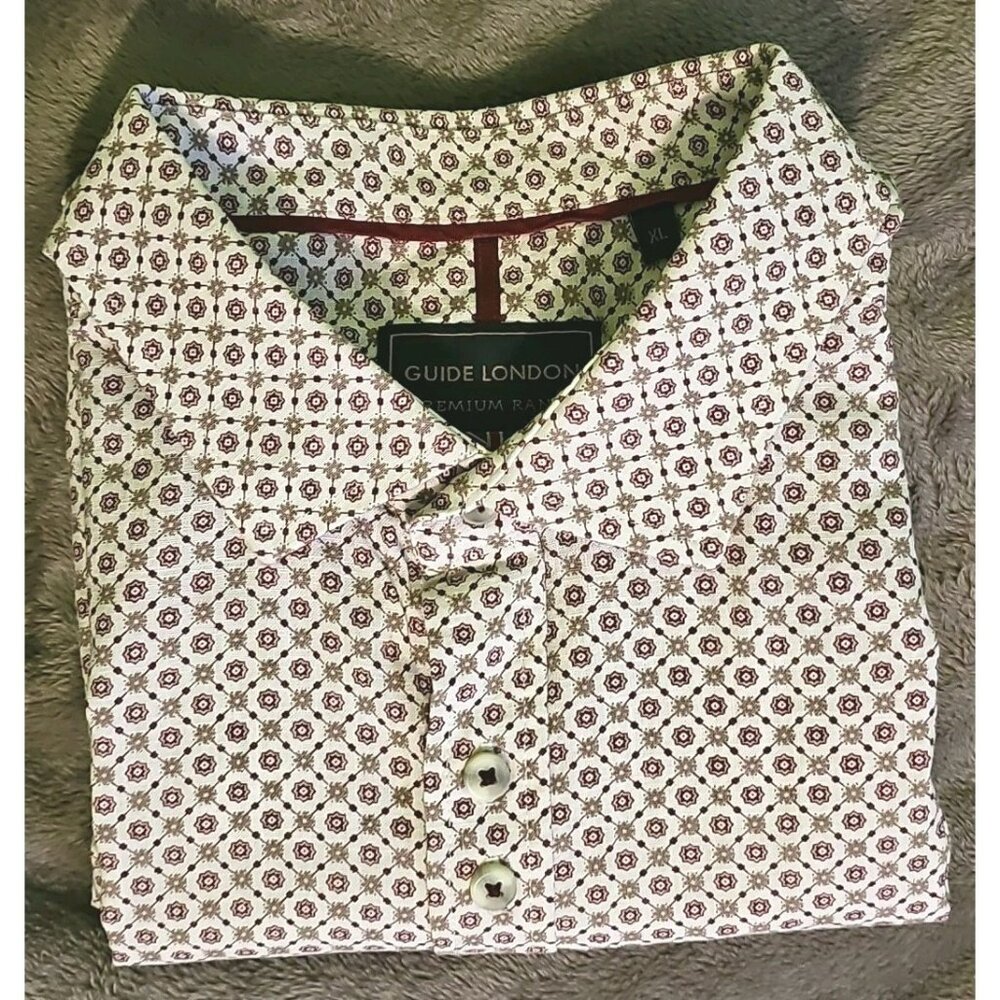 Guide London Button Up Shirt Size XL Short Sleeve Men's Cream Red Yellow Floral